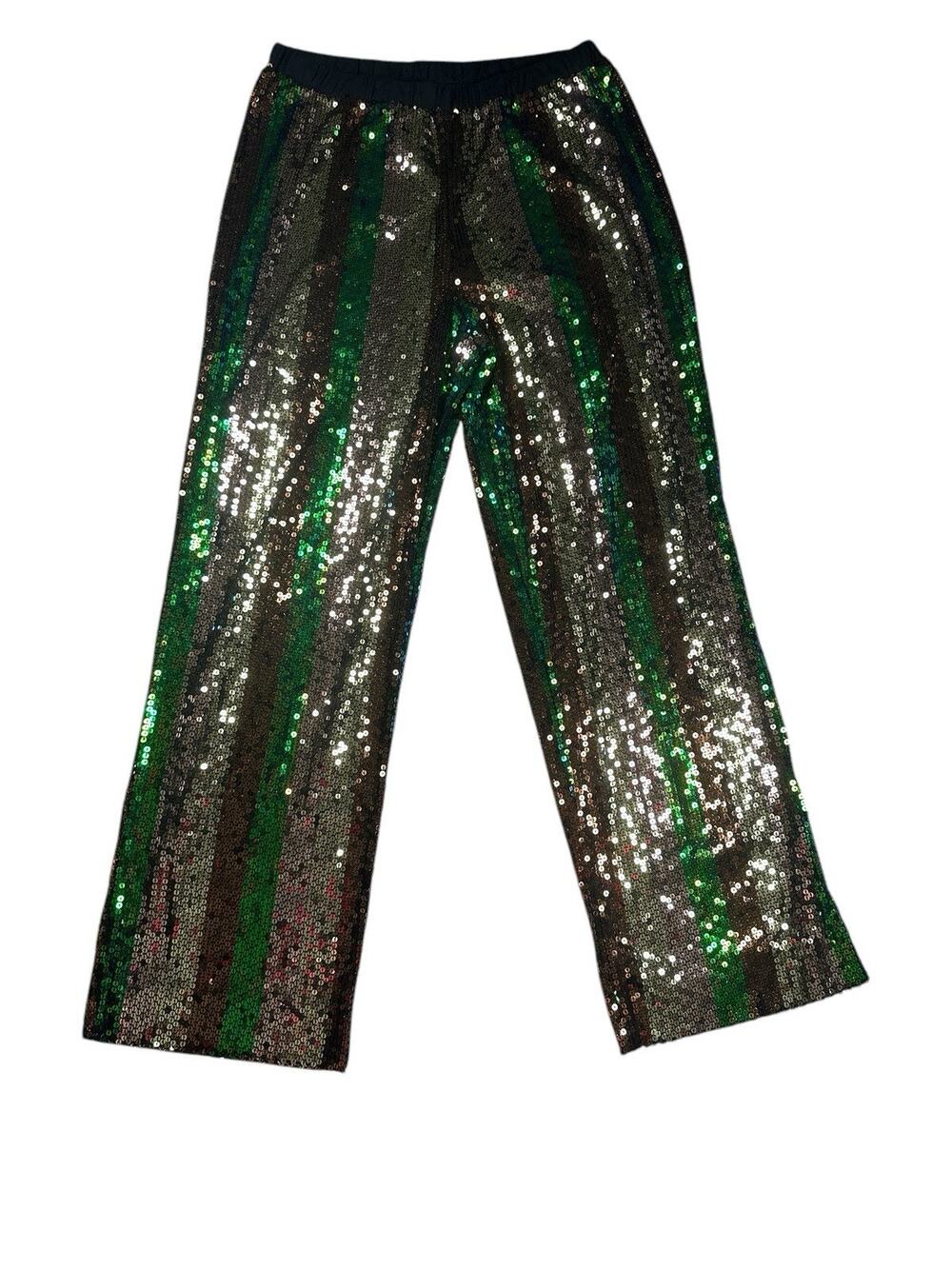 Free People Sequin Pants S Green Silver Stripe Wide Leg Party Disco Glam Palazzo
